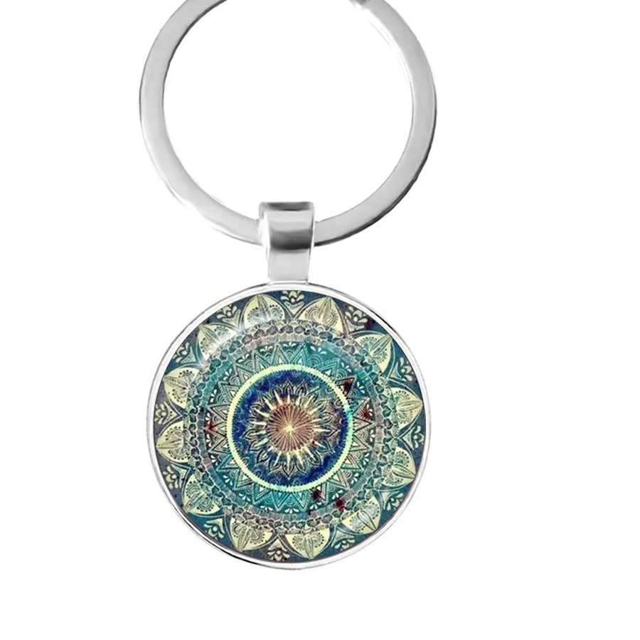 Authentic Charm Mandala Art Picture Keychain Henna Yoga Om Symbol Zen Buddhism 25mm Glass Cabochon Keyrings Keyholder For Women Men