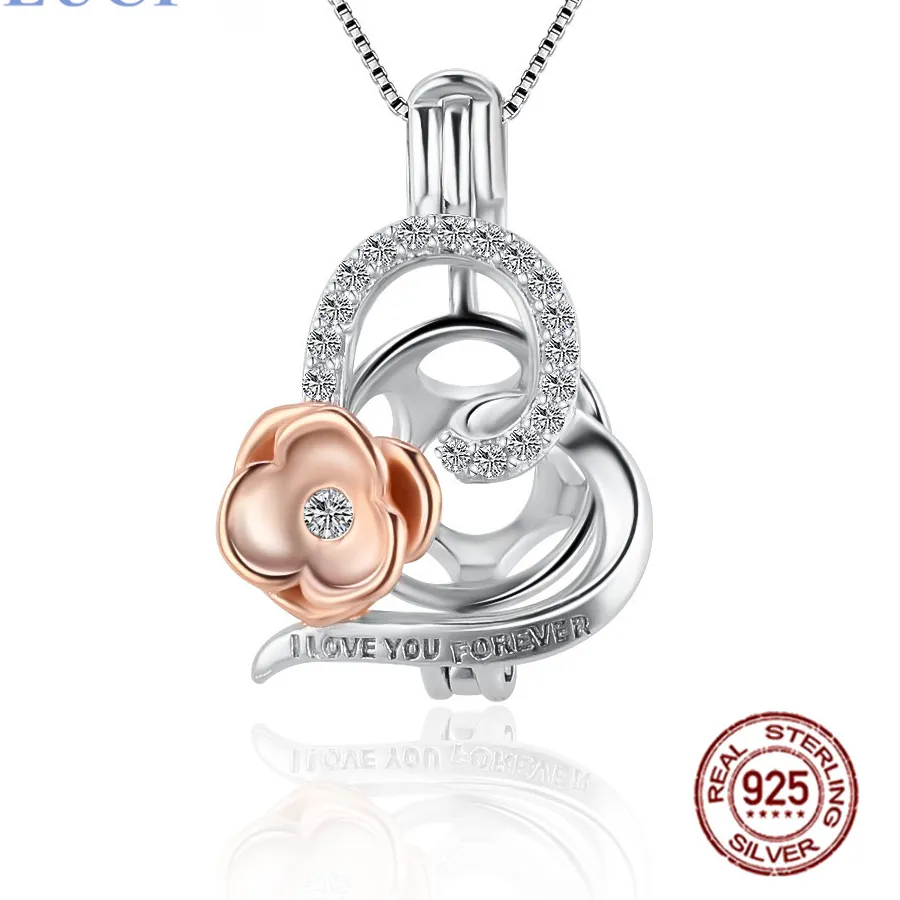 Authentic CLUCI Girls Romantic Love Heart Pearl Rose Gold Flower Charm DIY Pure 925 Sterling Silver CZ Necklace Cage Pendant SC458SB