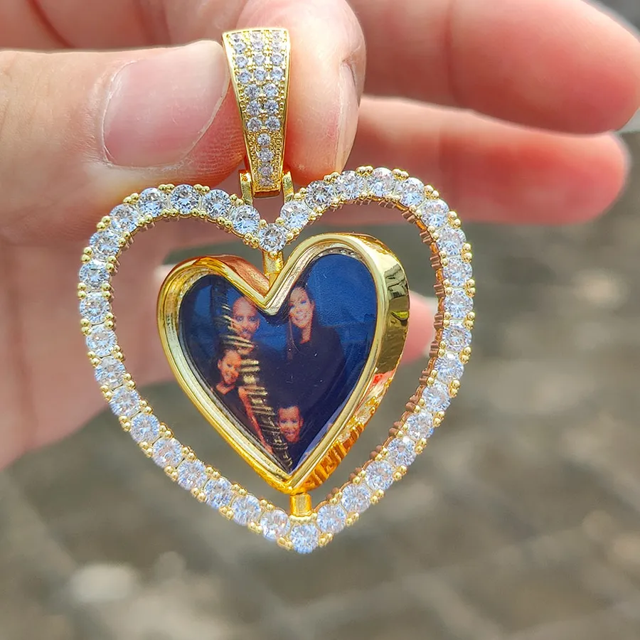 Authentic Two-Sided Heart Picture Pendant Necklace Jewelry For Men Hip Hop Custom Iced Out Photo Spinning Pendant Women