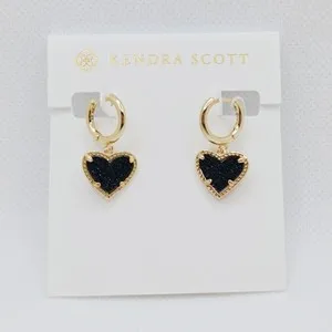 Authentic Kendra Scott Ari Heart Gold Plated Huggie Earrings in Black Drusy