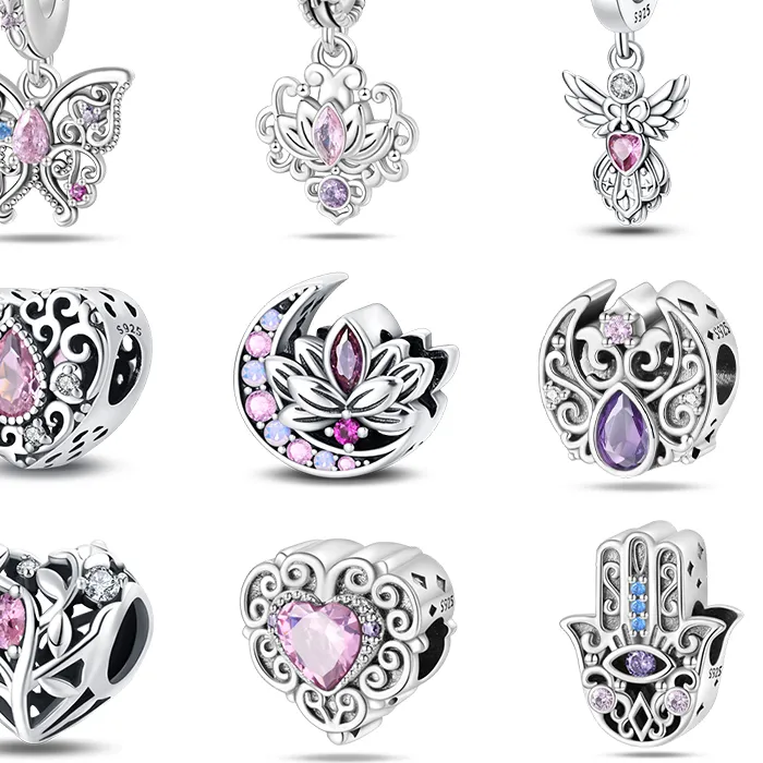 Authentic 100 925 Sterling Silver Classic Pink Lotus Angel Butterfly Charms Beads Fit Original Bracelets Lucky Diy Jewelry