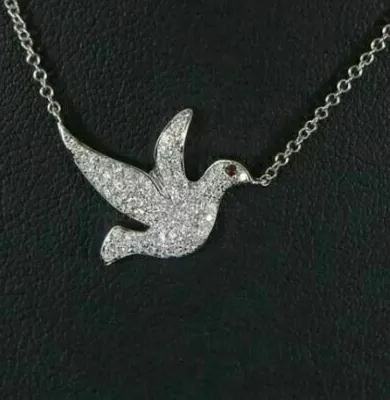 Authentic 1Ct Round Cut Lab Created Diamond Dove Pendant Necklace 14k White Gold Plated