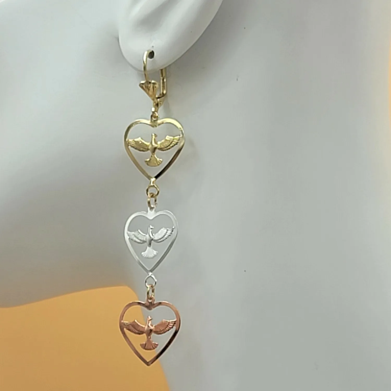 Authentic Tri Color Gold Plated Holy Spirit Symbol. Dove. Long Earrings. Lightweight.