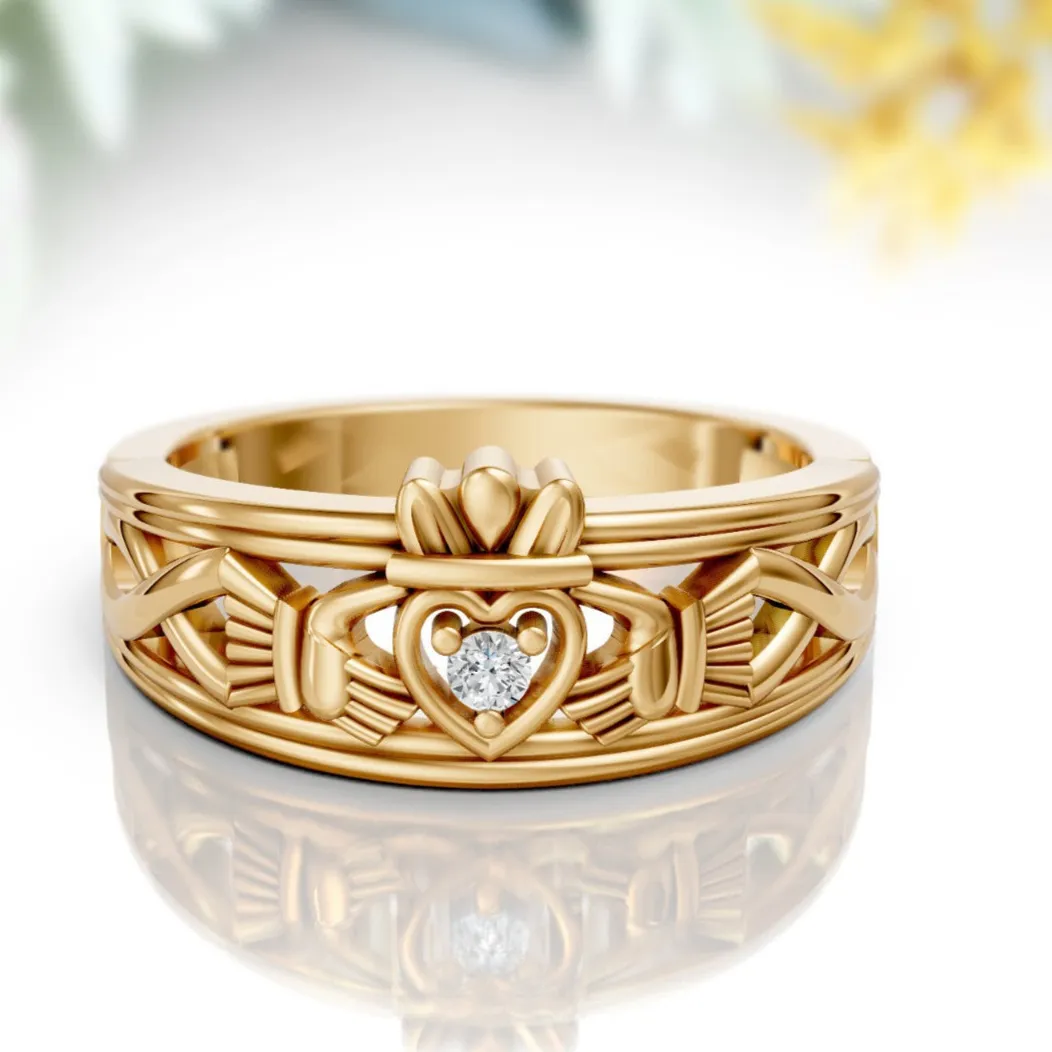 Authentic Moissanite Claddagh Ring Celtic Irish Wedding Band Friendship Symbol Ring