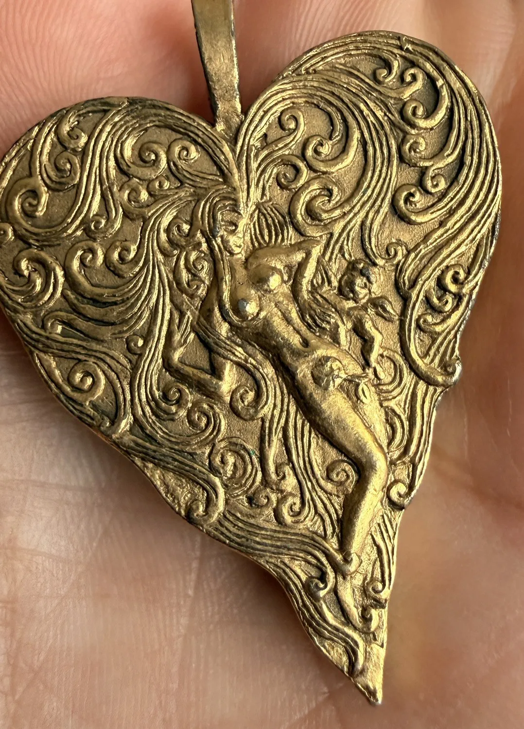 Authentic Signed Erté Cupid Heart Pendant Gold Plated Bronze Art Deco Designer Jewelry