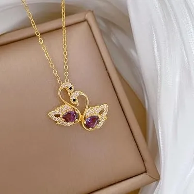 Authentic Sparkling Swans Cubic Zirconia Gold Plated Pendant Necklace Perfect Daily Wear