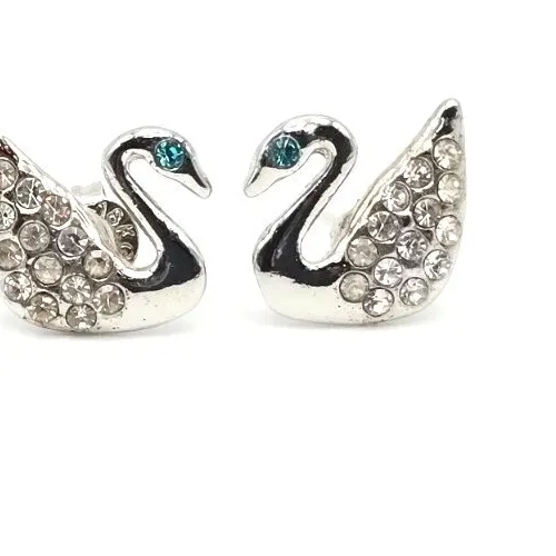 Authentic Dainty 18k White Gold Plated Swans with Blue and Clear CZs Post Earrings