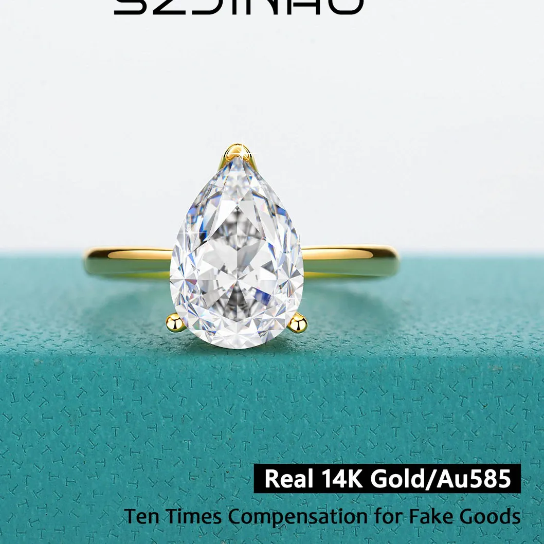 Authentic D VVS1 Moissanite Diamond Rings Real 14K Gold Water Drop 7*10mm 2CT for Women Anniversary Wedding Ring Jewelry