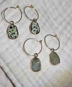 Authentic Celestial Duality: Dalmatian Jasper and Labradorite Gold-Plated Hoops