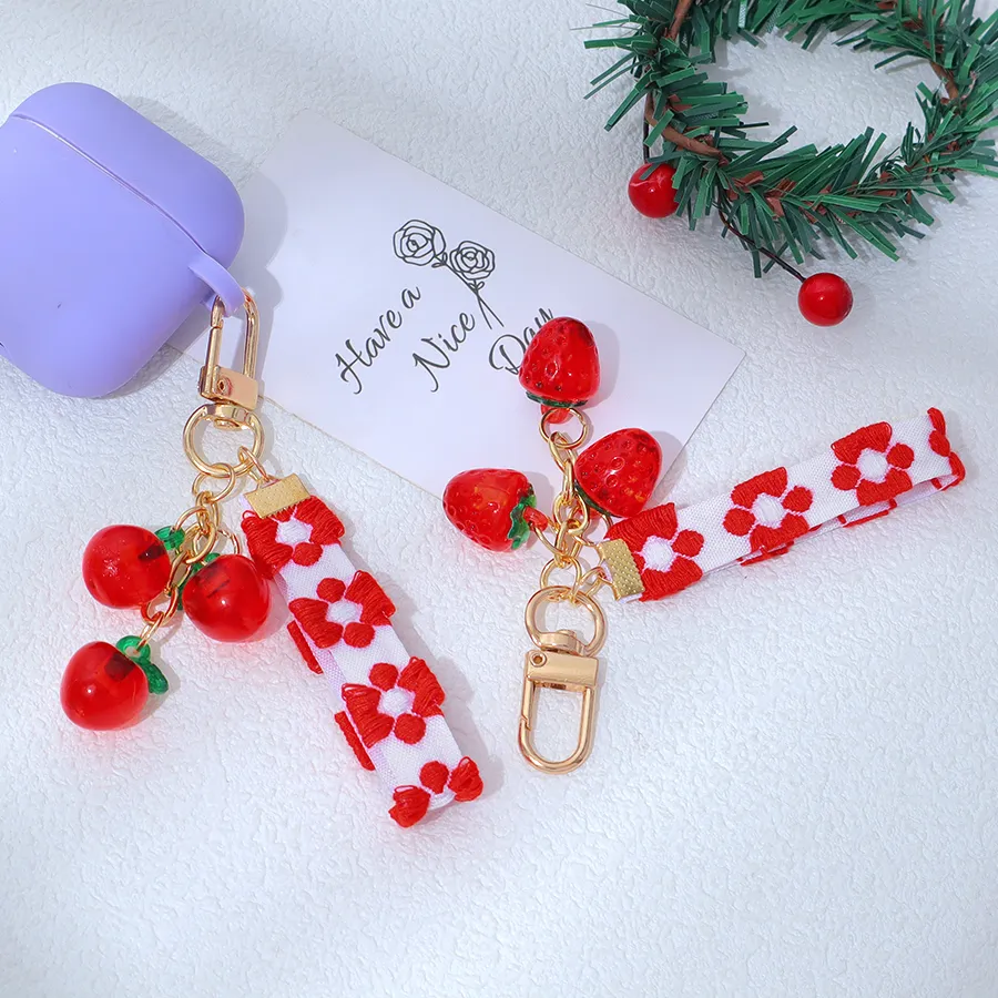 Authentic Cute Cherry Strawberry Apple Charms Keychain Summer Fruit Cherry Wrist Strap Key Ring Women Men Jewelry Bag Accessories Gifts