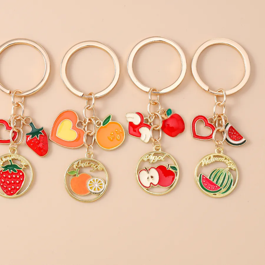 Authentic Cute Enamel Fruit Keychain Strawberry Watermelon Lemon Apple Key Ring for Women Girls Handbag Pendants DIY Jewelry