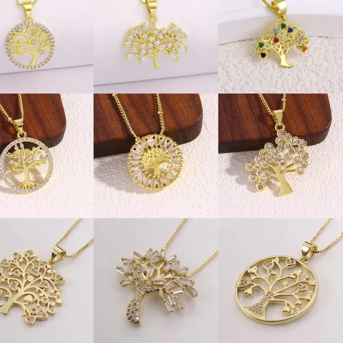 Authentic MHS.SUN Shiny Zircon Tree of Life Pendant Necklaces for Women Gold Plated Heart Tree Necklace Chain Aesthetic Jewelry Gifts