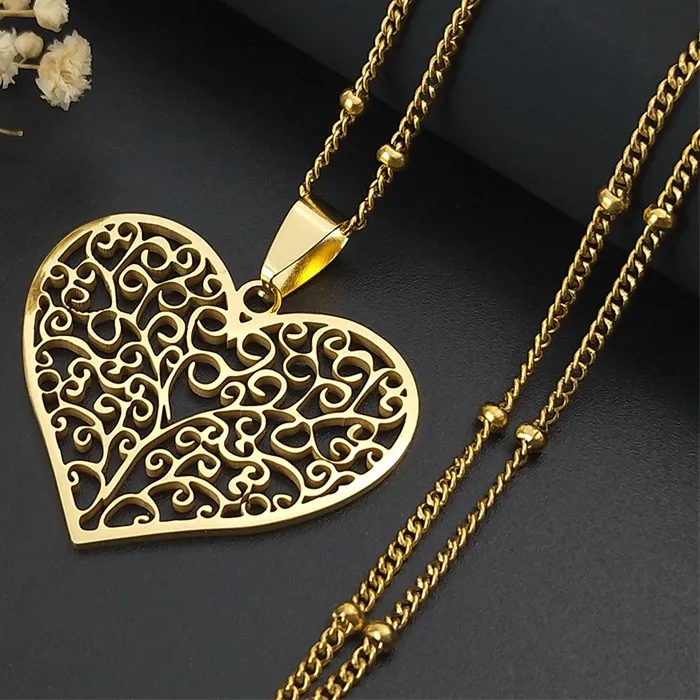 Authentic Aesthetic Love Heart Tree of Life Hollow Pendant Necklace for Women Stainless Steel Gold Color Bead Chain Jewelry collar N7173S1