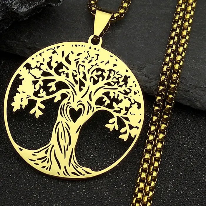 Authentic Aesthetic Tree of Life Love Heart Necklace for Women Men Stainless Steel Gold Color Lucky Amulet Chain Jewelry collar NZZZ529S02