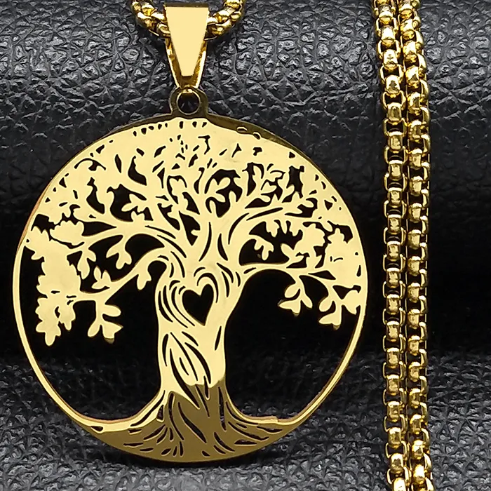 Authentic Aesthetic Tree of Life Love Heart Necklace for Women Men Stainless Steel Gold Color Lucky Amulet Chain Jewelry collar NZZZ529S02