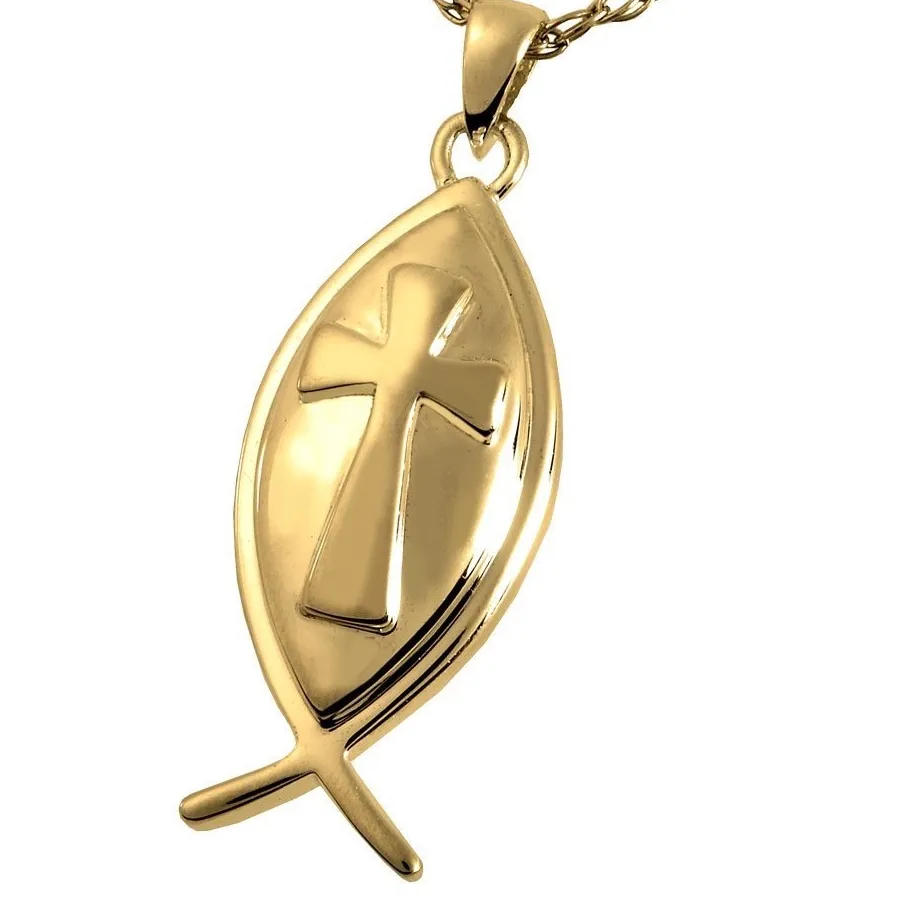 Authentic Fish Cross Ichthys Ash Holder Cremation Urn Pendant Necklace Gold Plated Silver