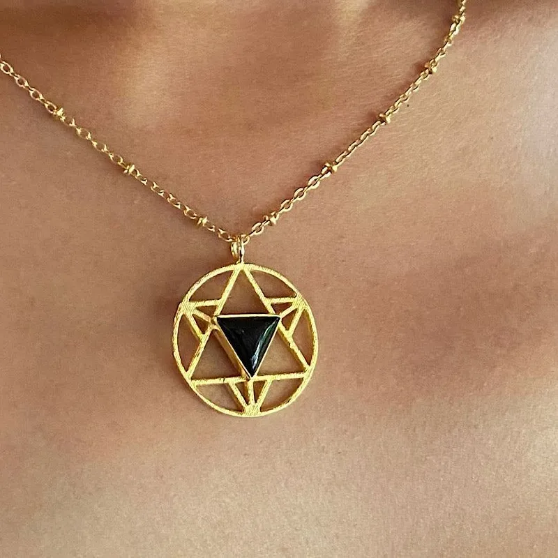 Authentic Merkaba Gold plated sacred geometry Tantric Star Necklace with Onyx