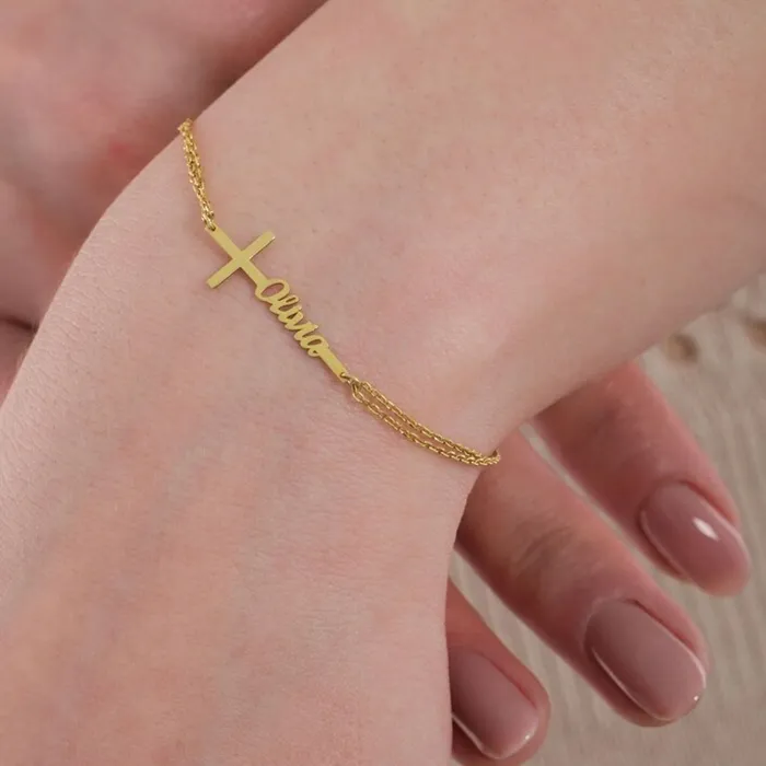 Authentic Custom Baptism Name Bracelet Personalized 18K Gold Plated Cross Letters Pendant Bracelet Personalized