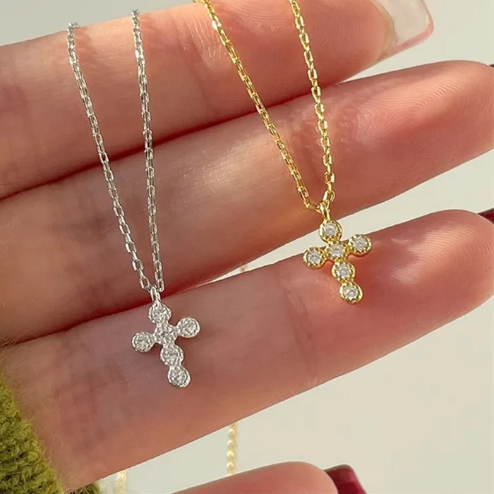 Authentic Jkeli S925 Sterling Silver 18K Gold Plated Flash Diamond Cross Necklace Women's Clavicle Chain Elegant Jewelry Accessory