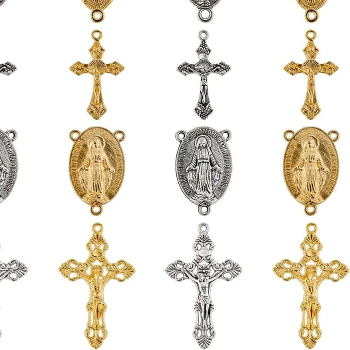 Authentic 40Pcs 8 Styles Rosary Cross Charms Silver Crucifix Rosary Charm Easter Holiday Gold Tibetan Oval Chandelier Links Charm