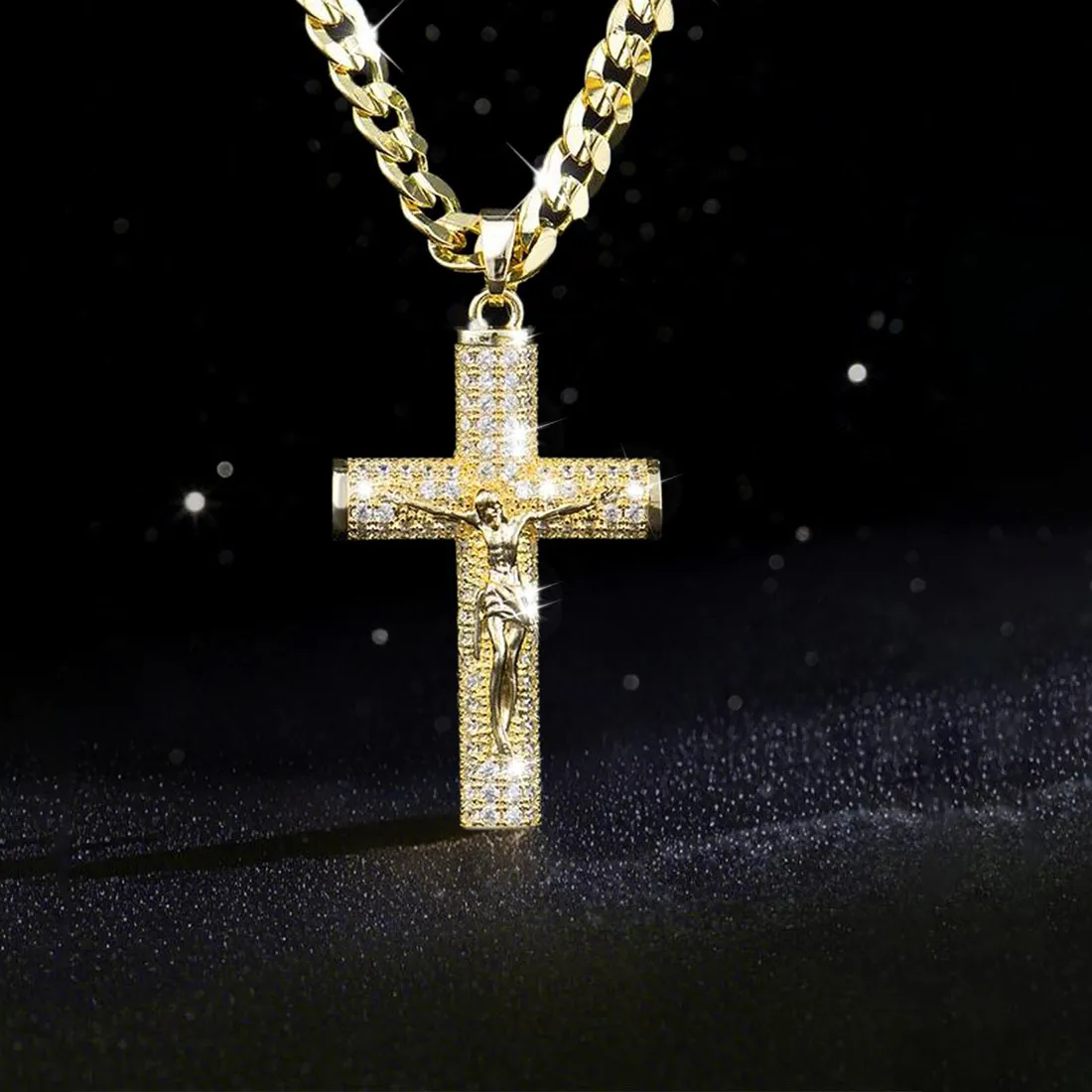 Authentic Gold-Plated Cross Necklace for Men Advanced Nanotech Tarnish-Free Cuban Figaro Rope Miami Chains with Jesus Crucifix Pendant
