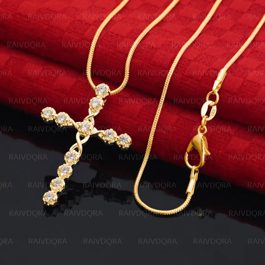 Authentic 18K Gold Plated Zircons Cross Pendant Necklace For Women Men Anniversary Popular Wild Romantic