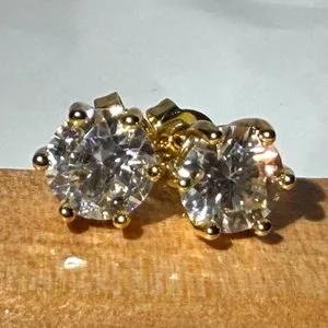 Authentic Moissanite Round Stud Earrings Gold plated Prong Set 6.5mm Butterfly Back Pair