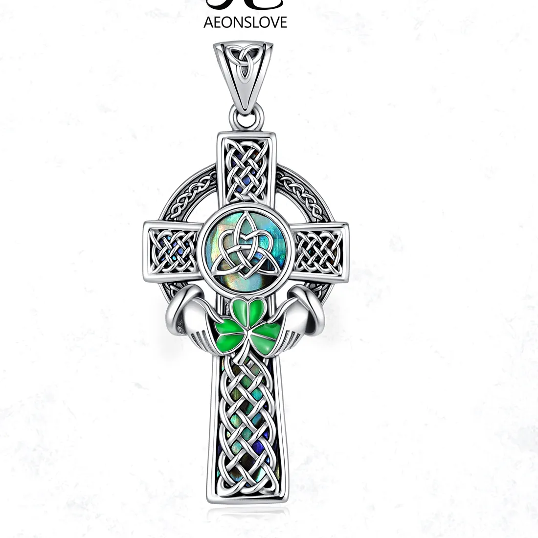 Authentic AEONSLOVE Celtic Cross Necklace Abalone Shell Triquetra Trinity Knot Claddagh Clover Pendant Irish Pagan Jewelry for Women Men