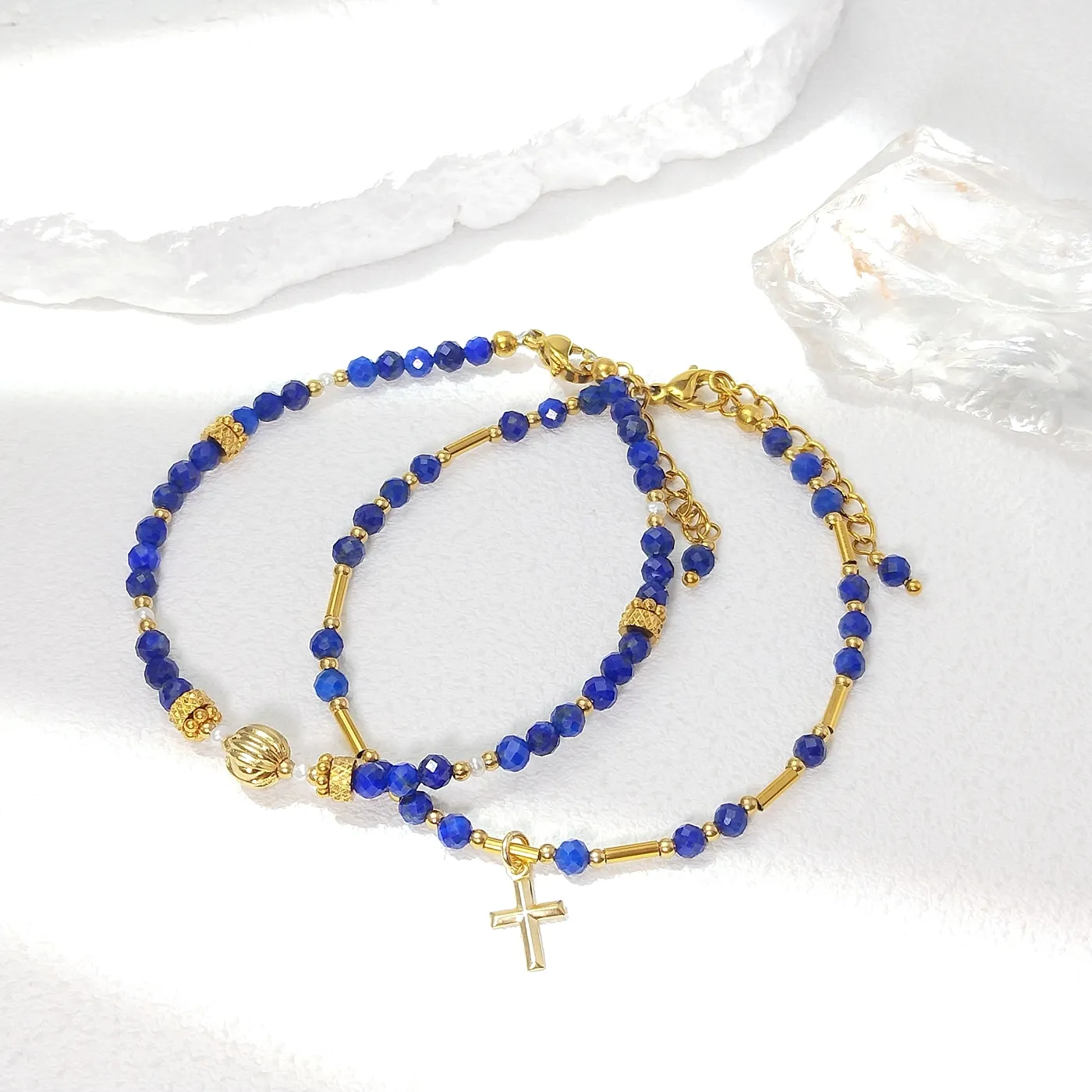 Authentic Lii Ji 3mm Lapis Lazuli Natural Stone Beaded Bracelet Gold Stainless Steel American 14K Gold Filled Charms Handmade Jewelry