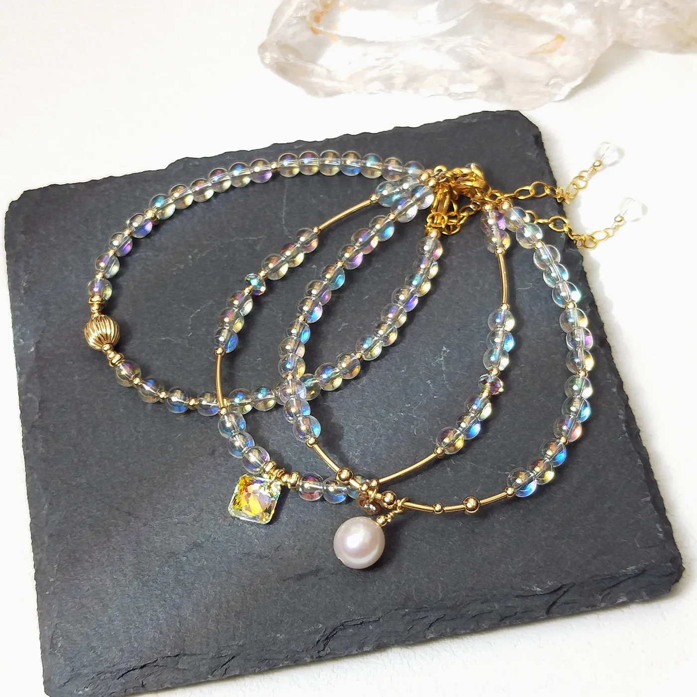 Authentic Whispers of Celestial Light: Aurora Quartz 14K Gold Filled Charm Bracelet