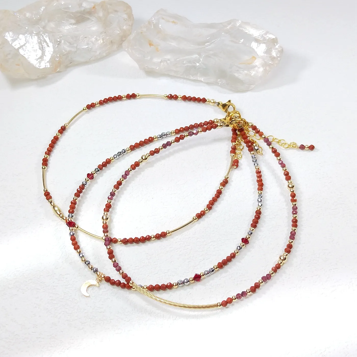 Lii Ji Natural Red Jasper Hematite Garnet 2mm American 14K Gold Filled Charm Anklet 24+3cm
