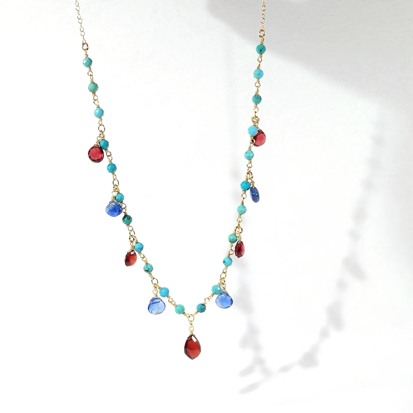 Authentic Mystic Turquoise & Garnet Kyanite Charm Necklace – 3mm Sacred Gemstone Chain