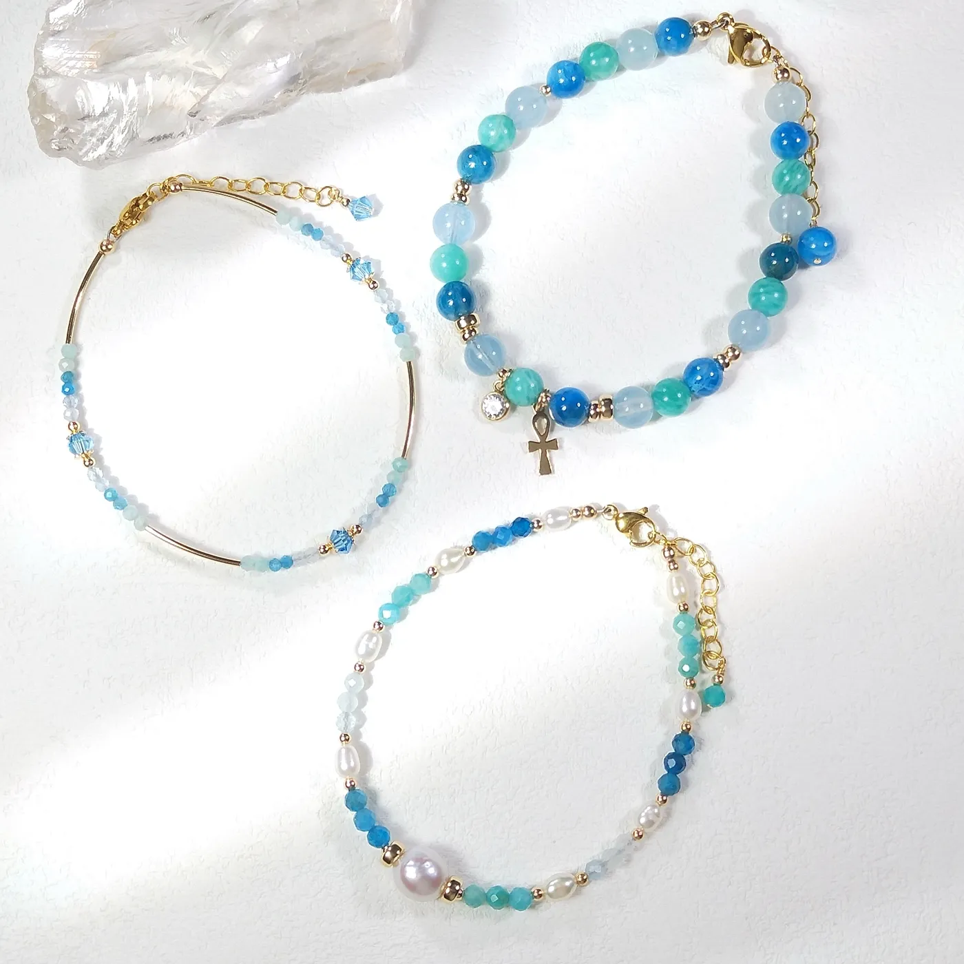 Authentic Tides of Serenity: The Amazonite, Aquamarine & Apatite Golden Alchemical Bracelet