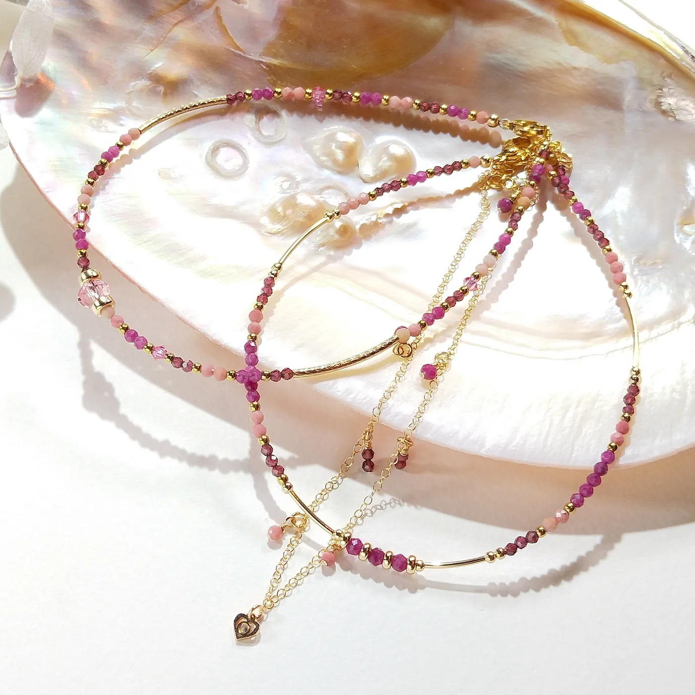 Lii Ji Real Ruby Garnet Rhodonite 2mm American 14K Gold Filled Charm Anklet 24+3cm