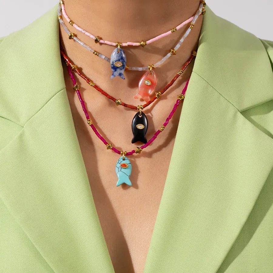 Authentic 2025 New Product Natural Stone Fun Style Gold Plated Classy Ocean Style Animal Fish  Cross-Border Charm Pendant Necklace