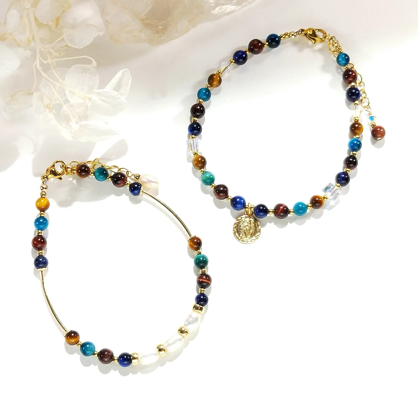 Authentic Lii Ji Multi Tiger's Eye 4mm American 14K Gold Filled Charm Bracelet Handmade Fashion Jewelry