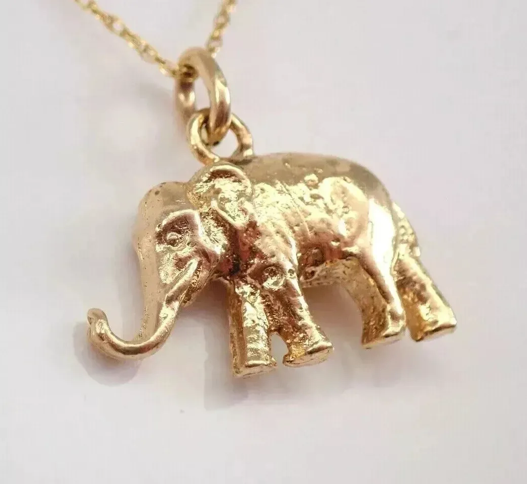 Authentic WomenVintage ELEPHANT Charm Pendant 14K Yellow Gold Plated Silver Free 18" Chain