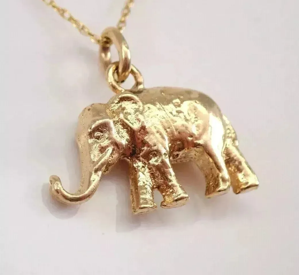 Authentic Women Vintage ELEPHANT Charm Pendant 14K Yellow Gold Plated Silver Free 18"Chain