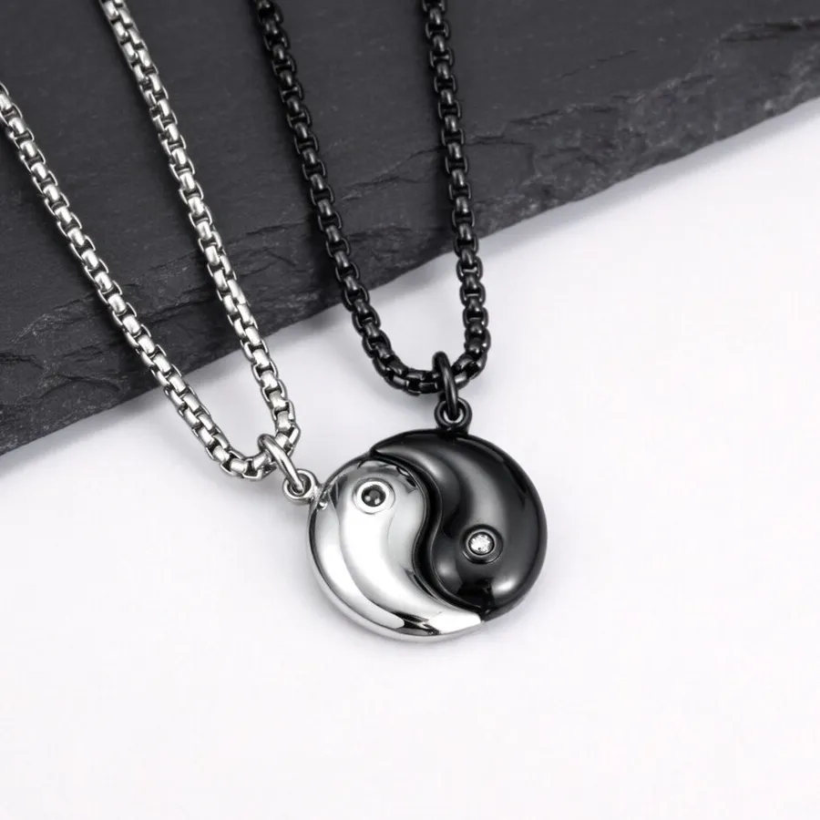 Authentic Yin Yang Droplet Couple Necklace for Men Women, Black White Comma Pendant Necklace,Anniversary Jewelry