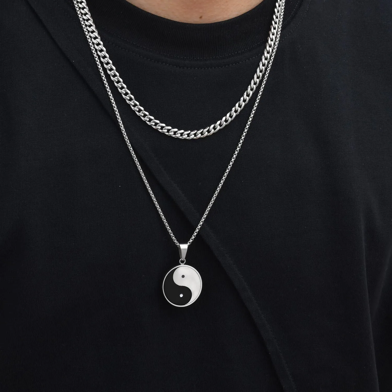 Authentic Vnox 2pcs/set 60cm Yin Yang Pendants Necklaces with 50cm Cuban Chain, Chain Necklace for Men, Retro Jewelry