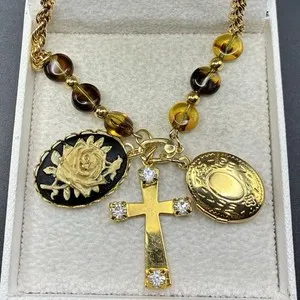 Authentic The Triad of Destiny Vintage Gold Plated Charm Necklace - Locket Cross Cameo Talisman