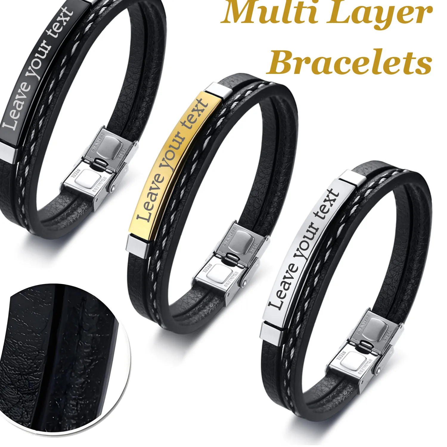 Authentic Dual-Layer Commission Braided PU Leather Bracelet Curved Plate Engraving Fashionable Jewelry Father's Day