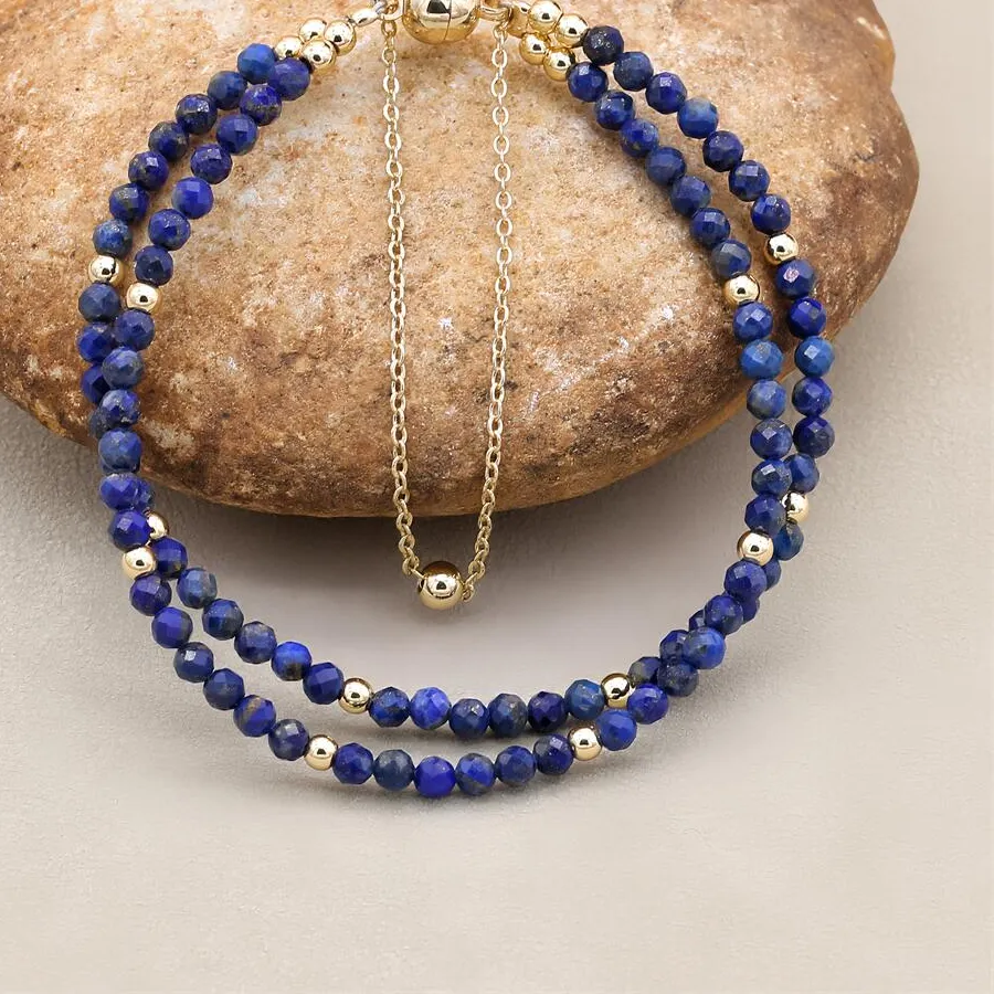 Authentic 3MM Double Layer Natural Lapis Lazuli Beads Magnetic Buckle Gold Plated Charm Strand Bracelets Handmade Women Jewelry