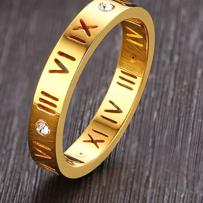 Authentic Hollow Roman Numeral Ring Cute 4mm Rings Zircon Charm Jewelry Women Rose Gold Silver Color Size 6 To 12 Quality