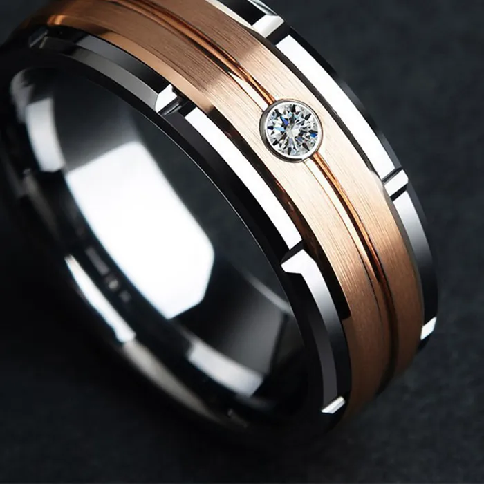 Authentic 8mm Men's Double Groove Beveled Ring Rose Gold Color Brushed Inlay AAA Zircon Ring Charm Jewelry Gifts