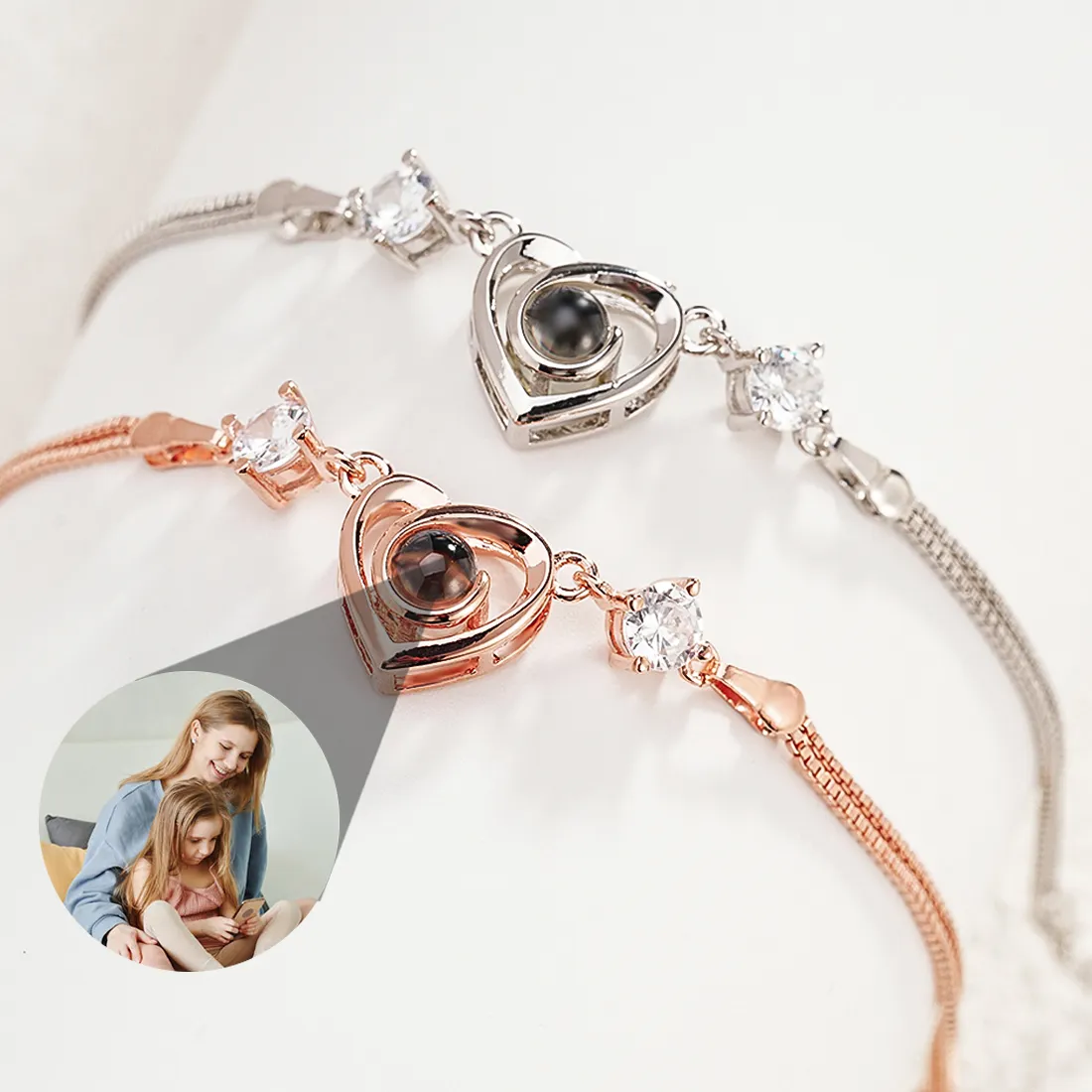 Authentic Custom photo Projection Bracelet Jewelry with Silver/Rose Gold Color Heart Shaped Cubic Zirconia Personalized photo Bracelet