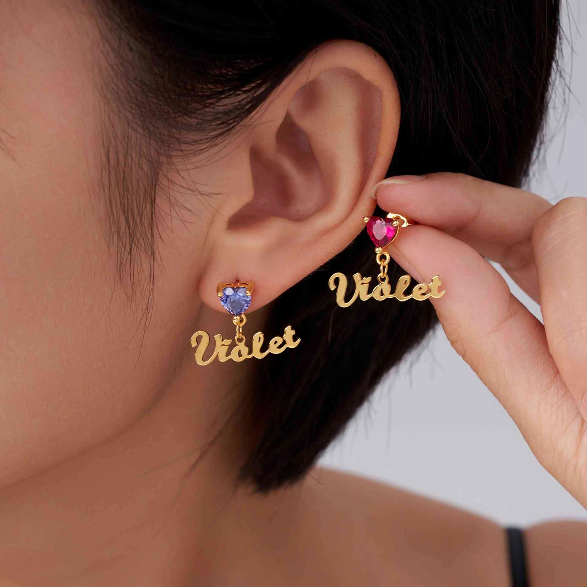 Authentic Personalized Heart Birthstone Earrings Dainty Jewelry With Custom Name Charm Mother's Day Anniversary Birthday For Women