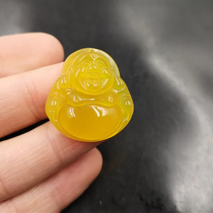 Authentic Women's Agate Maitreya Pendant 3cm Medium Yellow Chalcedony Laughing Buddha