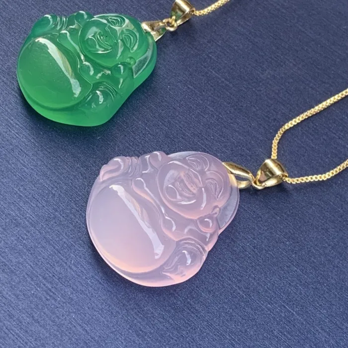 Authentic The Joyful Guardian: Ice Pink Chalcedony and Agate Maitreya Pendant