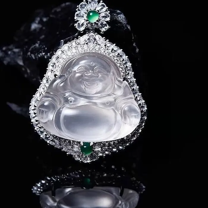 Authentic Natural High- Quality Ice Jade Laughing Buddha Pendant With Silver Plating And White Chalcedony Inlay